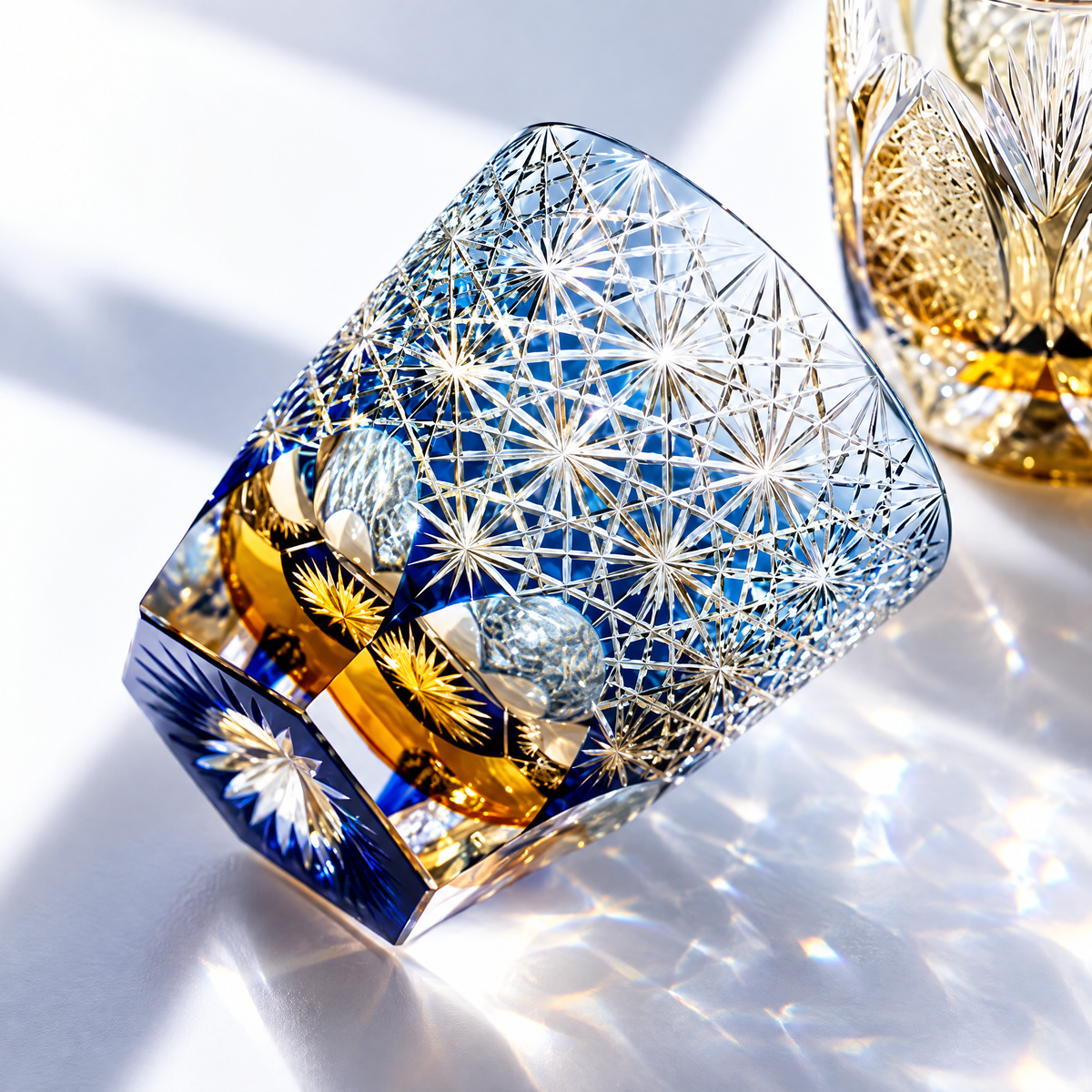 Blue Daisy Cut-Glass Whiskey Tumbler – Floral Rocks Glass, Artistic Barware