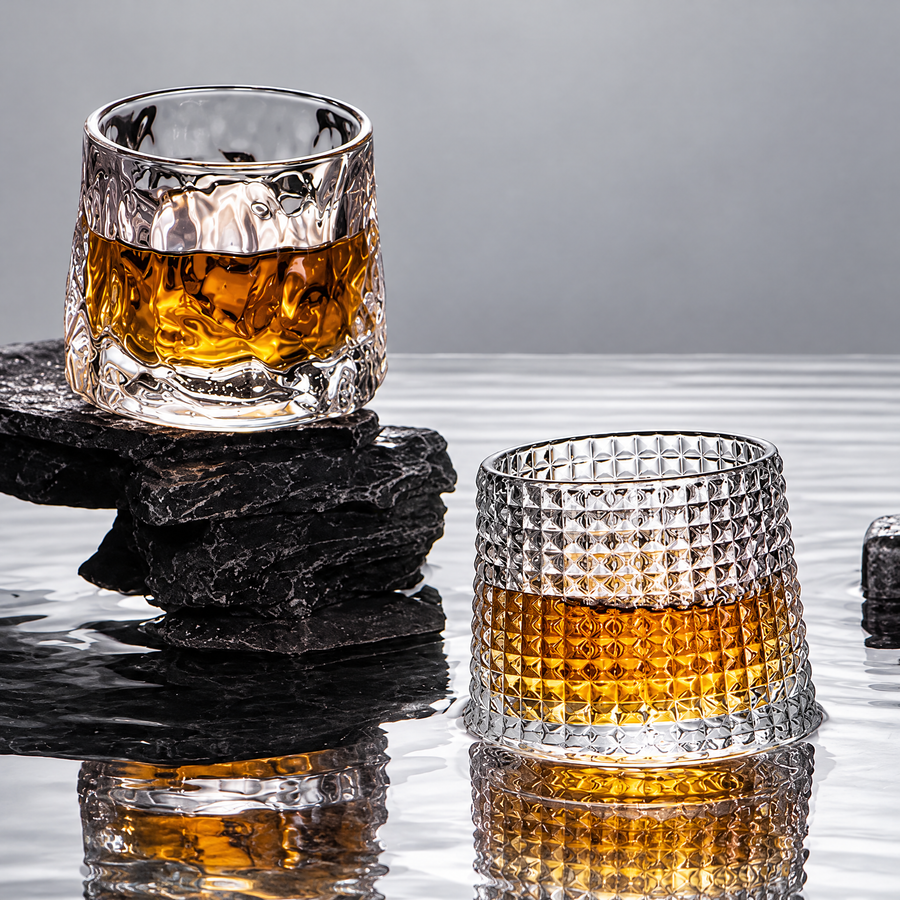 Spinning Whiskey Glass – Sculptural Rotating Rocks Tumbler, Unique Barware