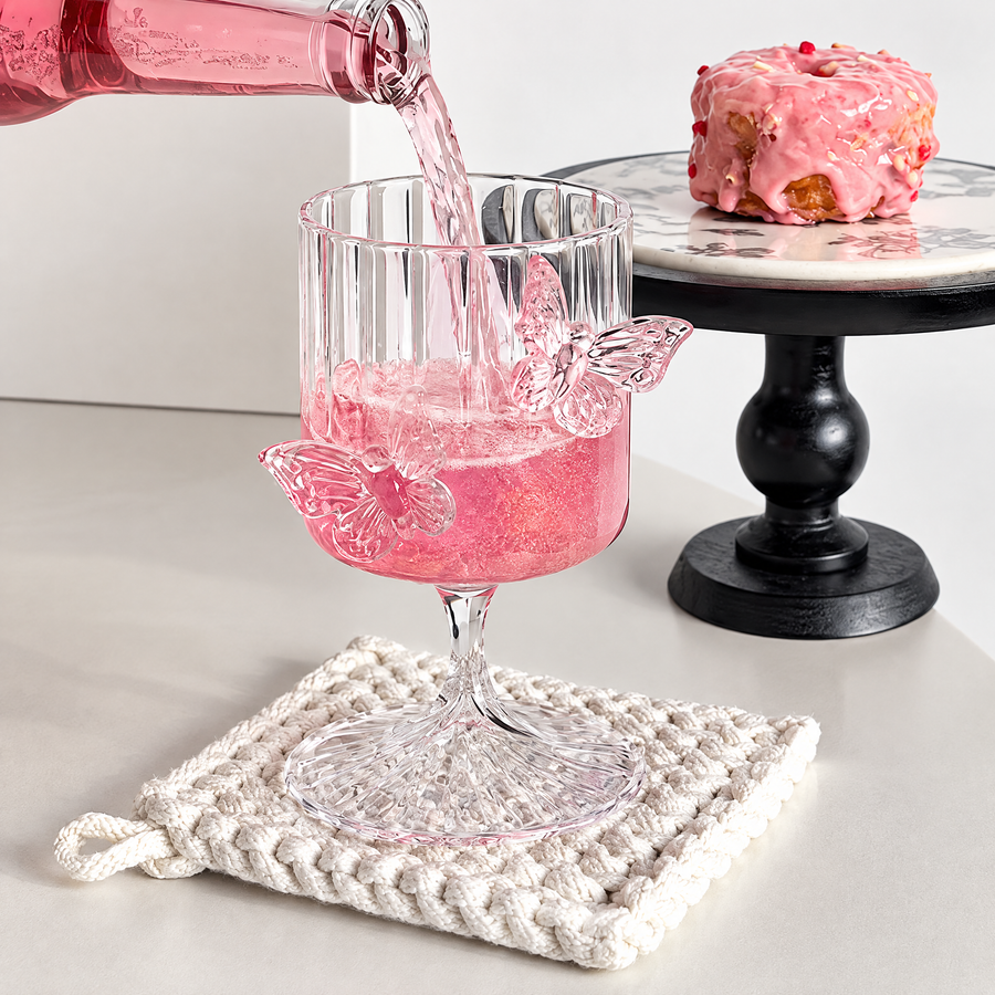 Butterfly Embossed Wine Goblet – Pink Decorative Stemmed Glass, Romantic Drinkware