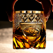 Eye Motif Black & Amber Whiskey Glass – Ornate Statement Rocks Tumbler
