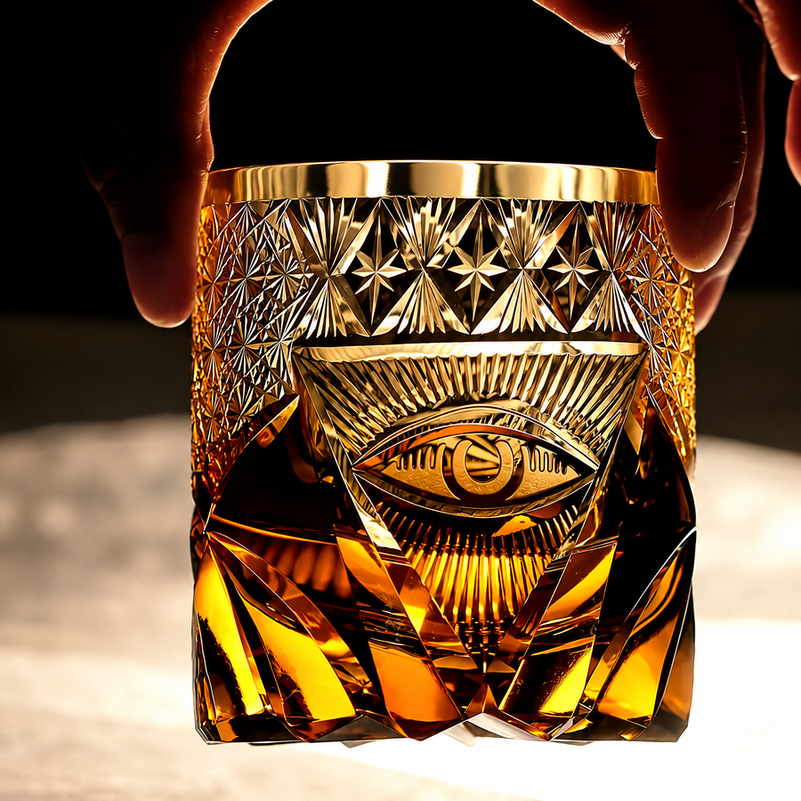 Eye Motif Black & Amber Whiskey Glass – Ornate Statement Rocks Tumbler