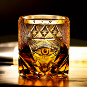 Eye Motif Black & Amber Whiskey Glass – Ornate Statement Rocks Tumbler